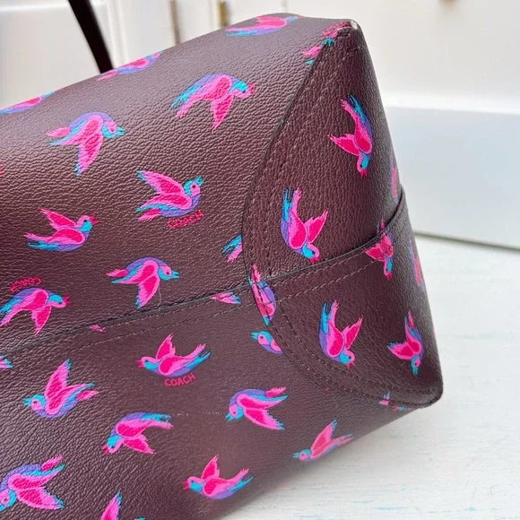 Coach Reversible City Tote Bag In Happy Bird Print Canvas 55870 Oxblood 1 - Picture 9 of 13